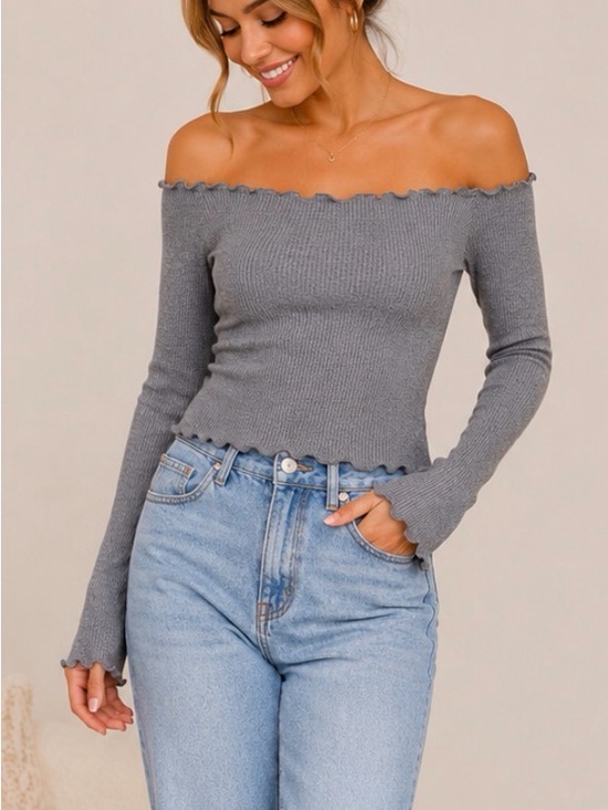 Hollister Tops - Hollister Gray Off-Shoulder Ruffle-Edge Long Sleeve Top